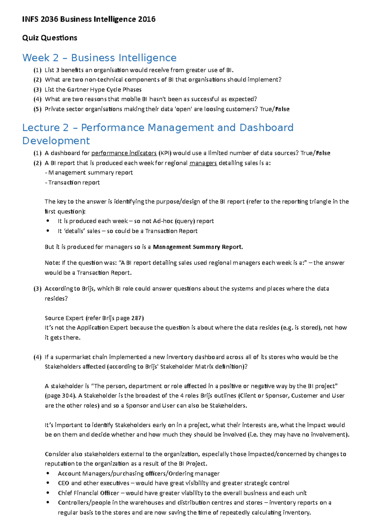 Tutorial Work - Week 1 To 12 - Business Intelligence - Infs 2036 - In ...