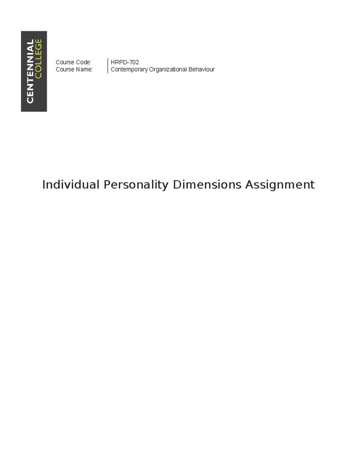 Individual Personality Dimensions Assignment - Course Code: HRPD ...