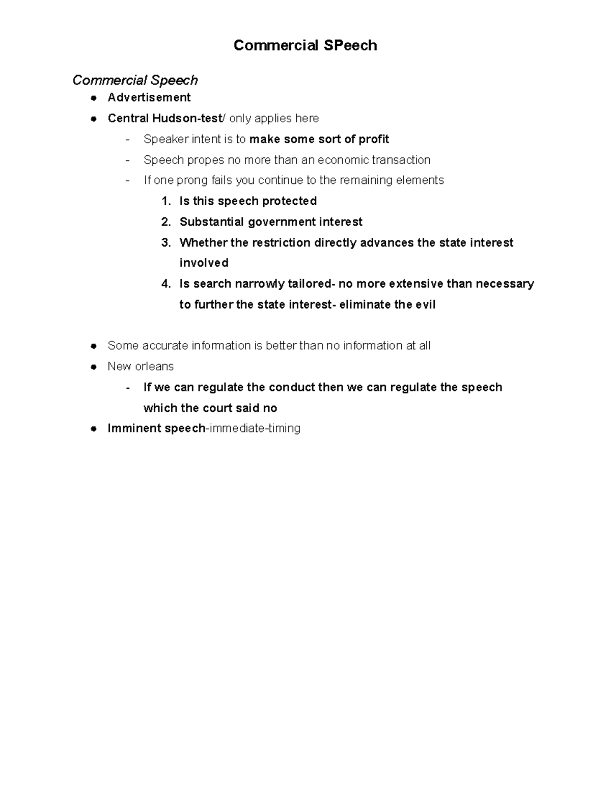 Week 4 Lecture 1 Commercial SPeech Commercial Speech Advertisement Central Hudsontest/ only