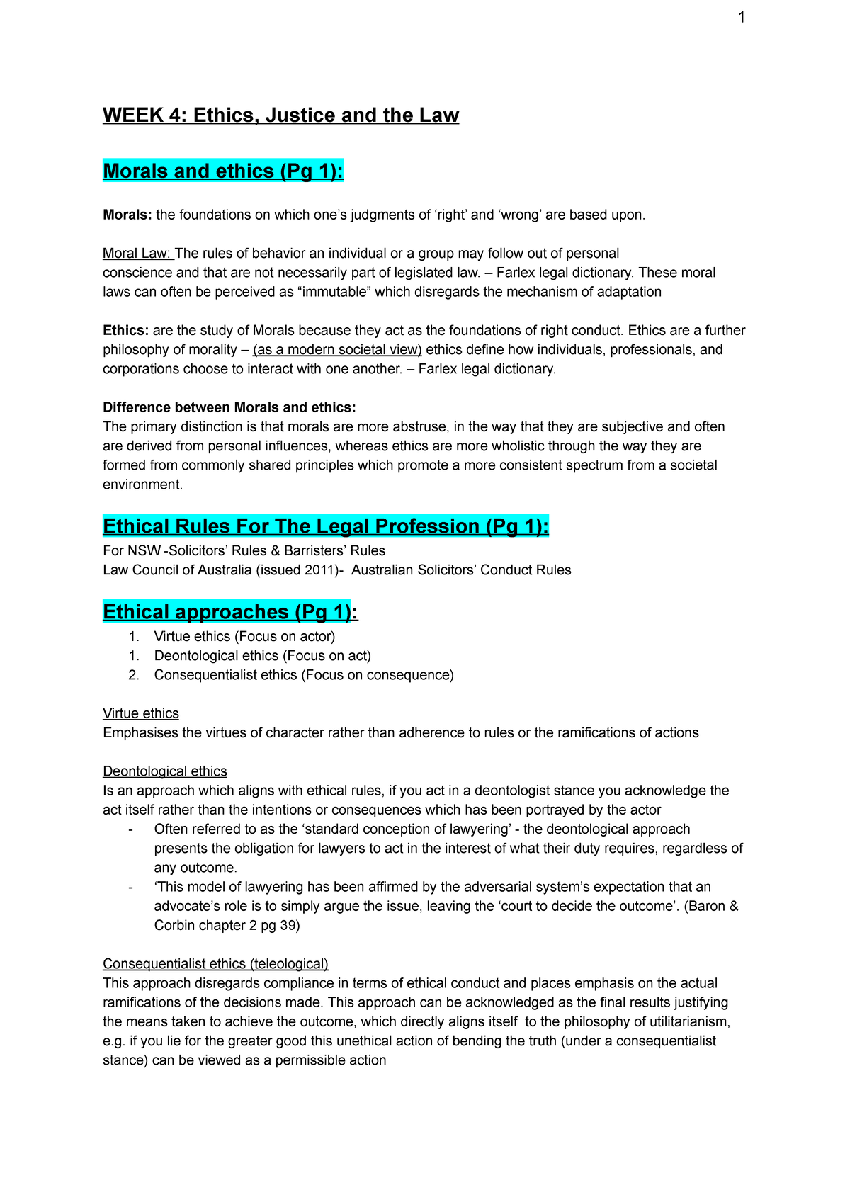 Ethics EXAM Notes - 1 WEEK 4: Ethics, Justice and the Law Morals and ...