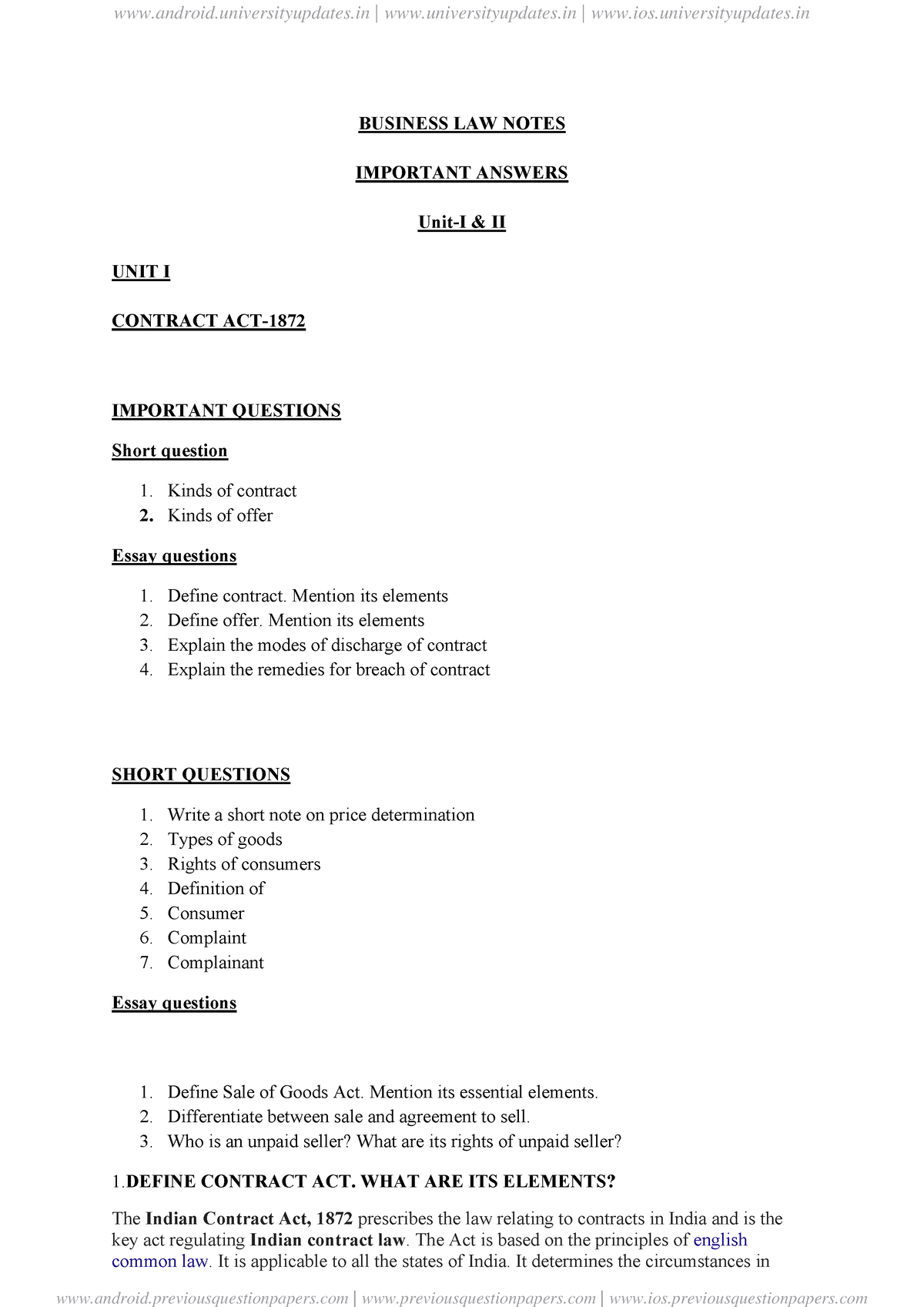 Business Law Notes( Important Questions)-UNIT 1 AND 2 - BUSINESS LAW ...