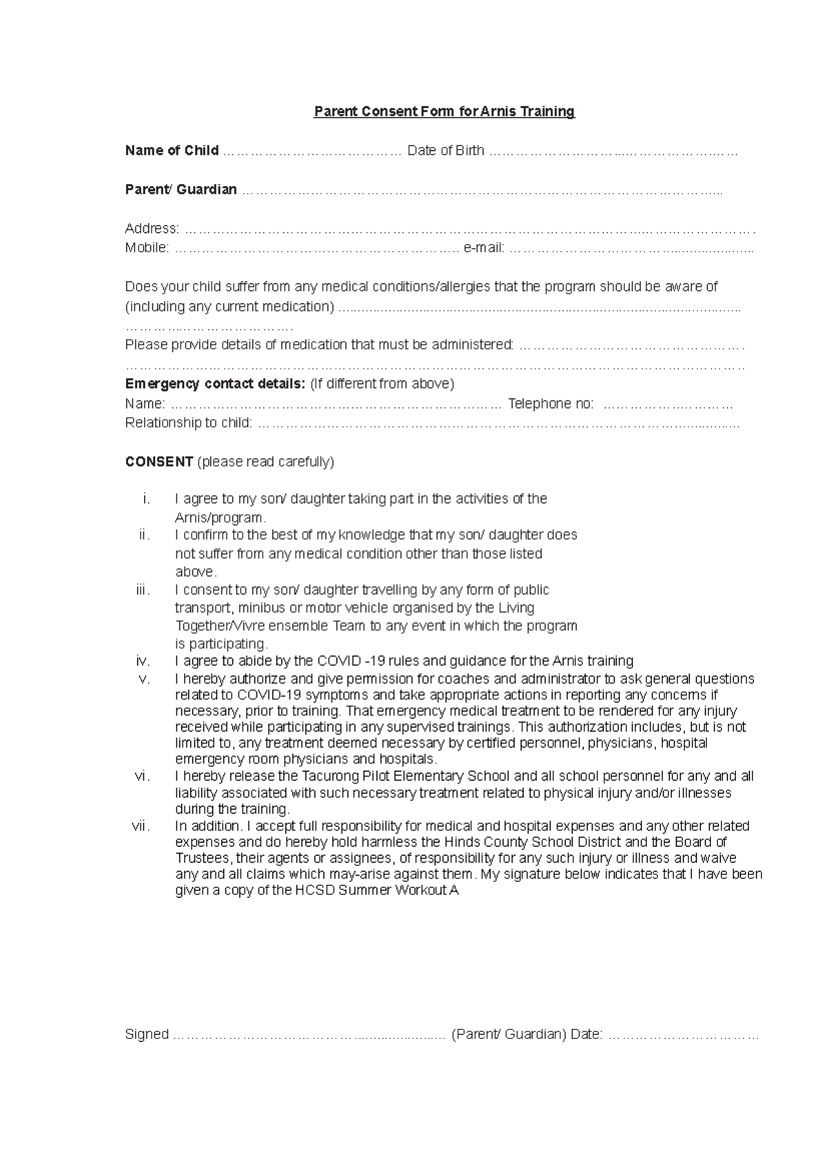 Parentconsentformeng Parent Consent Form for Arnis Training Name of