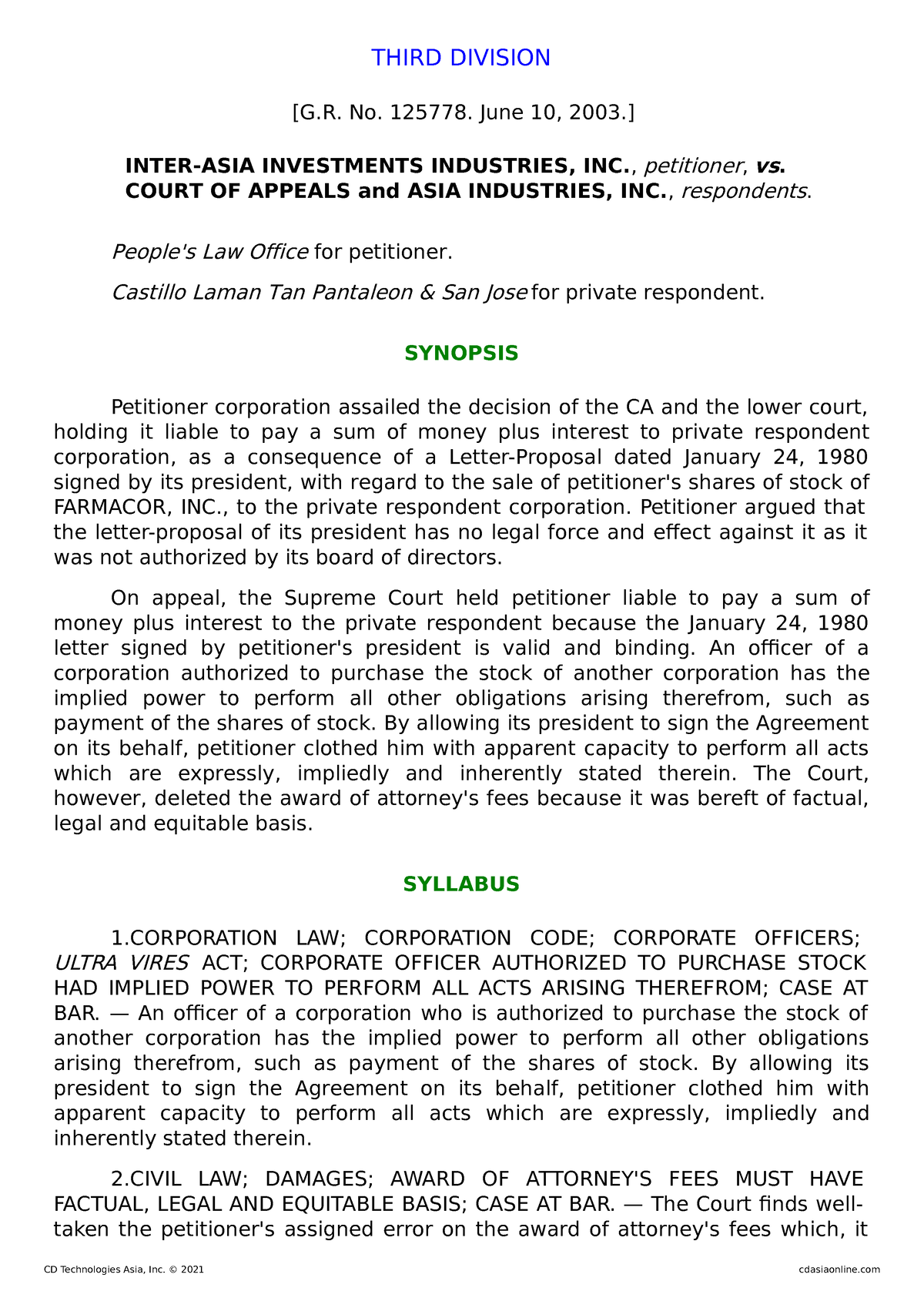 11 Inter Asia - Corporation Law - THIRD DIVISION [G. No. 125778. June ...