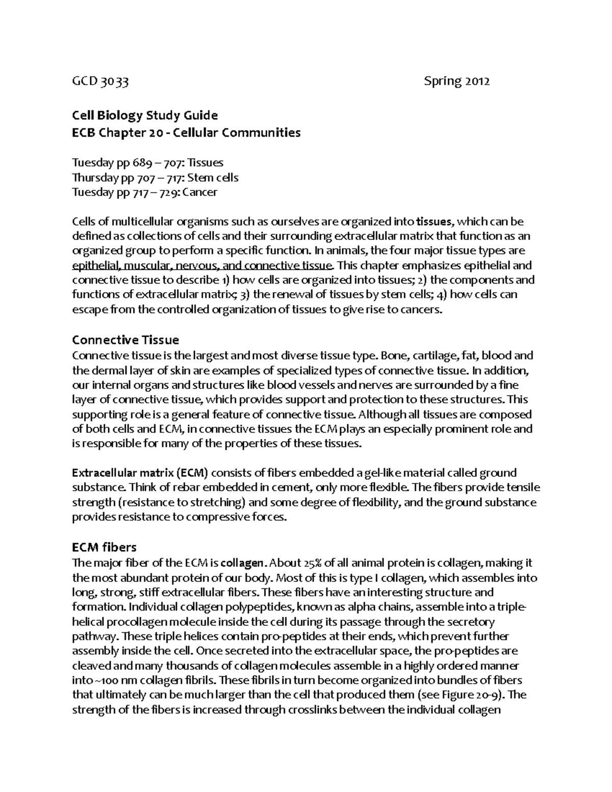 Study guide, Chapter 20 pt 1-3 - GCD 3033 Spring 2012 Cell Biology ...