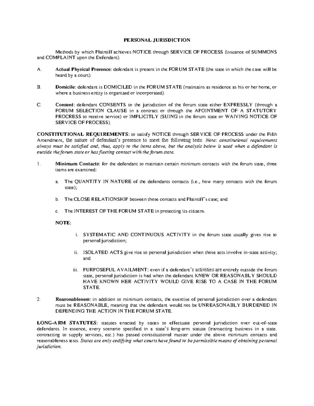 Jurisdiction Chart - PERSONAL JURISDICTION Methods by which Plaintiff ...