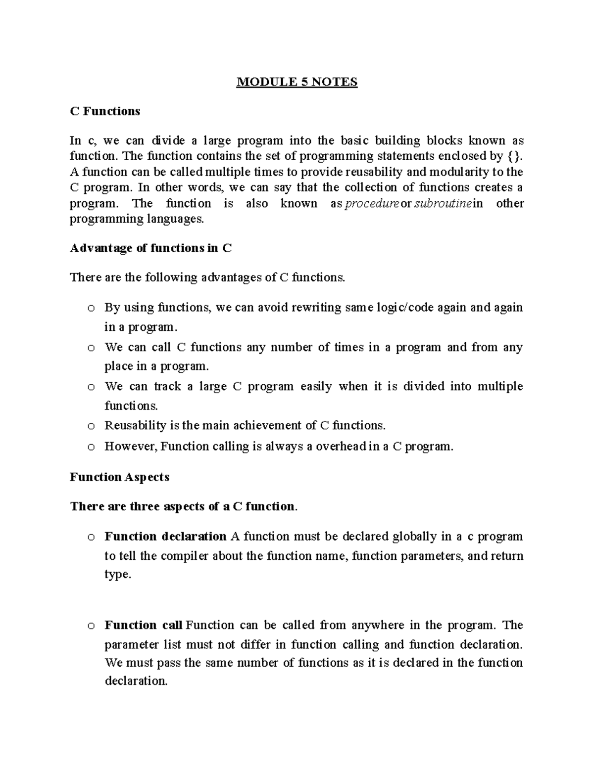 C Ntes Module 5 - Module 5 Notes C Functions In C, We Can Divide A 