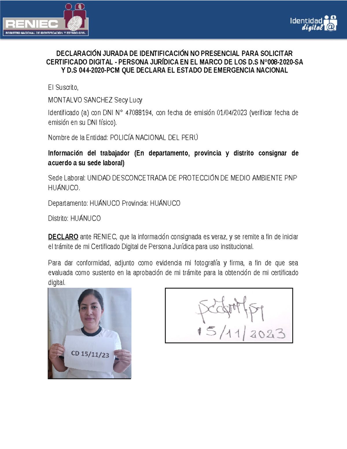 Firma SECY - sect - DECLARACIÓN JURADA DE IDENTIFICACIÓN NO PRESENCIAL ...
