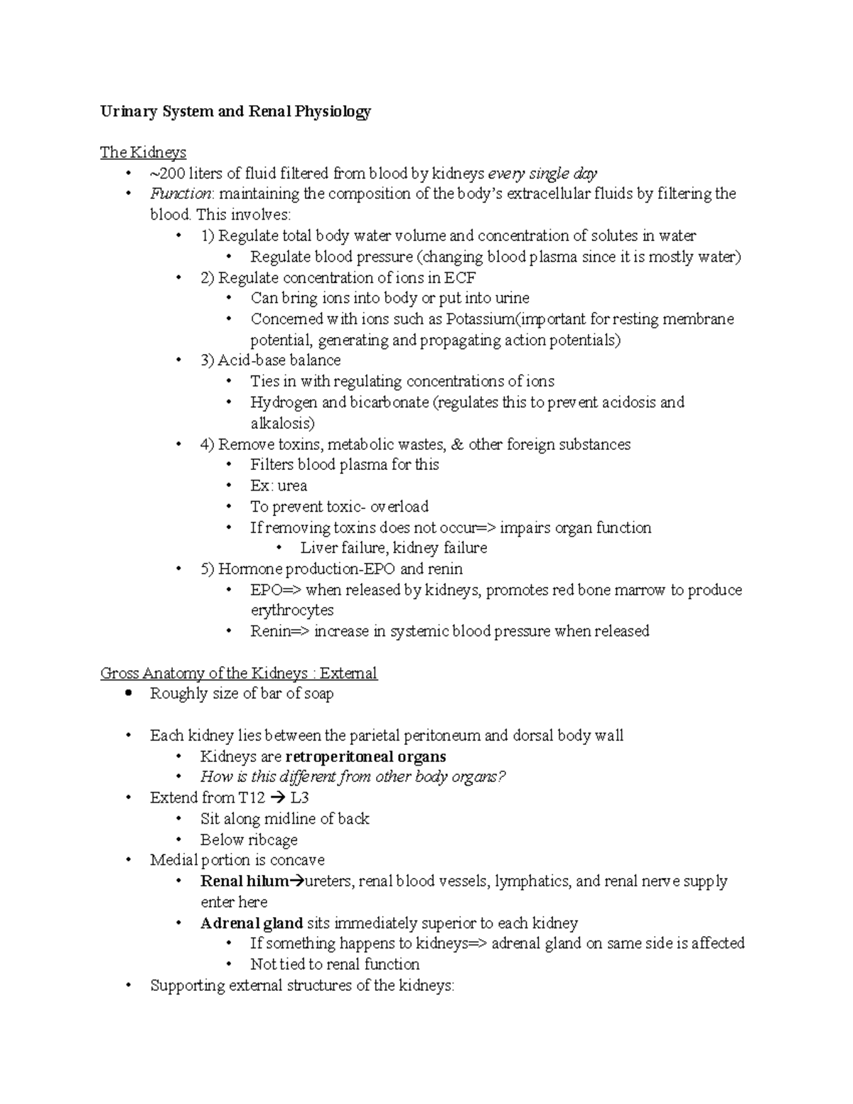 AP Urinary System (exam 3) - Urinary System and Renal Physiology The ...