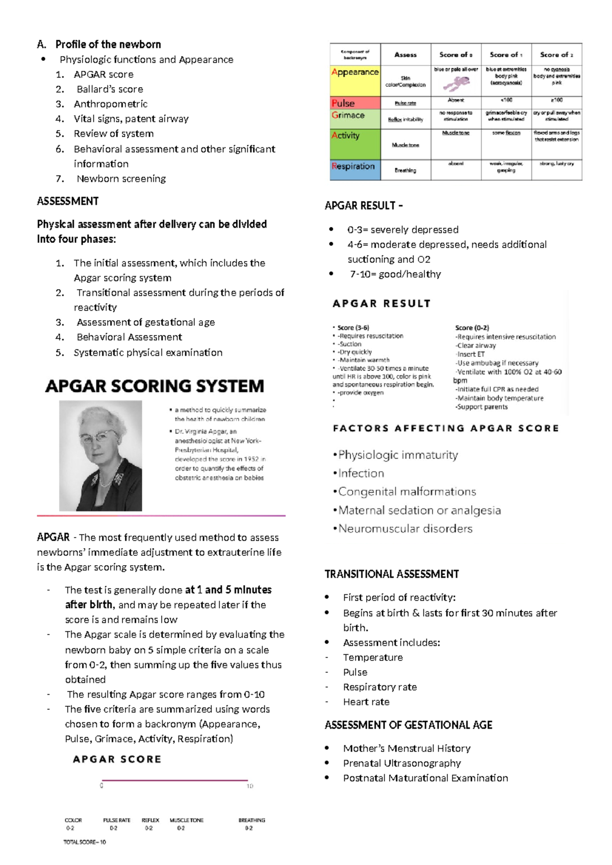 Apgar - notes. this will help - A. Profile of the newborn Physiologic ...