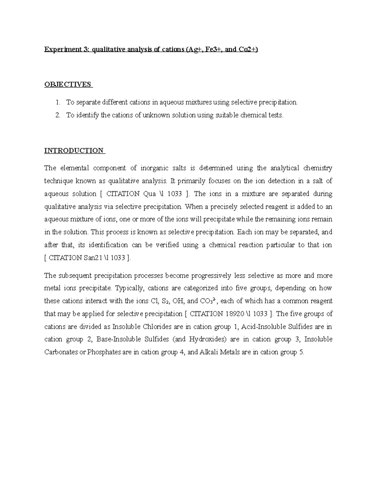Chm 361 Exp 3 lab report Experiment 3 qualitative analysis of
