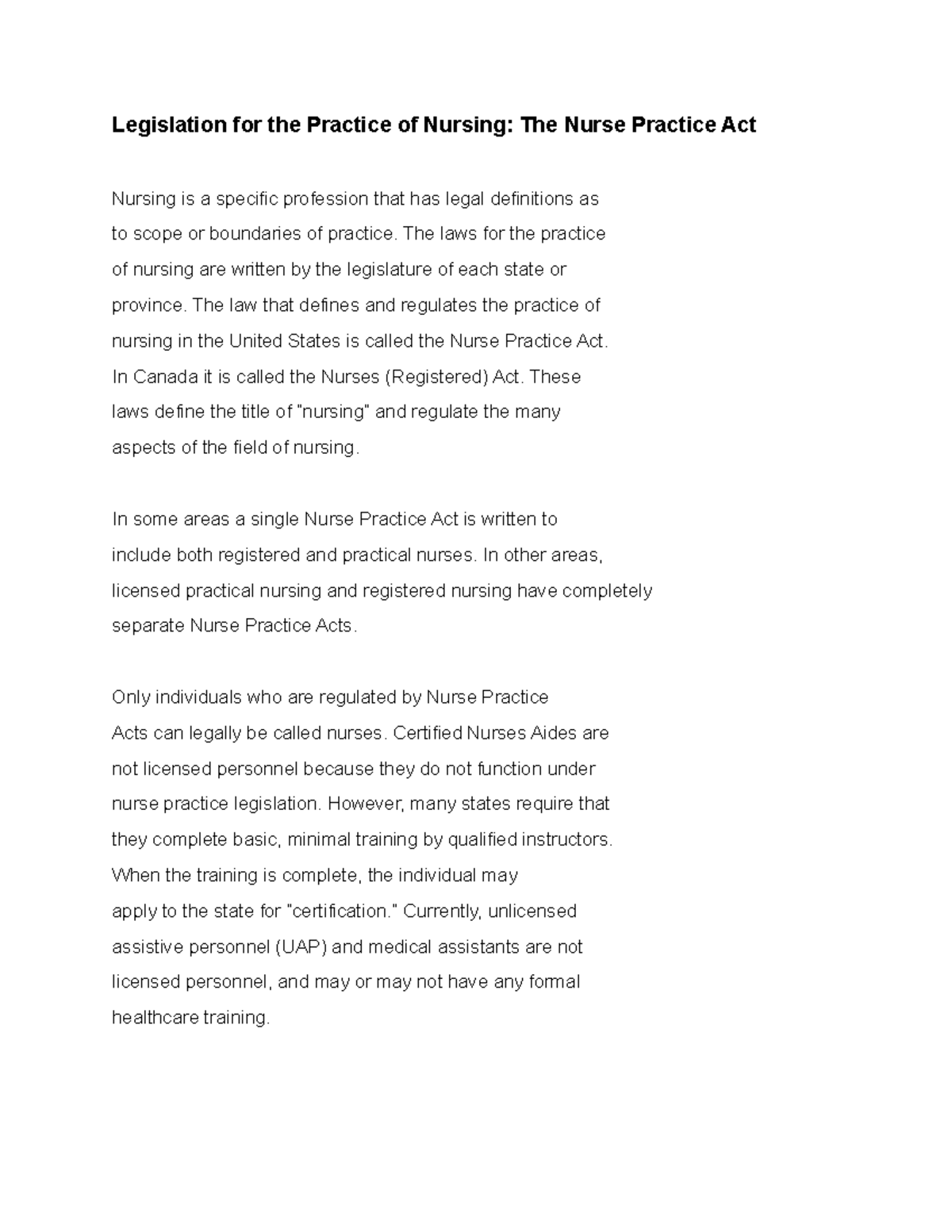 Legislation for the Practice of Nursing The laws for the practice of