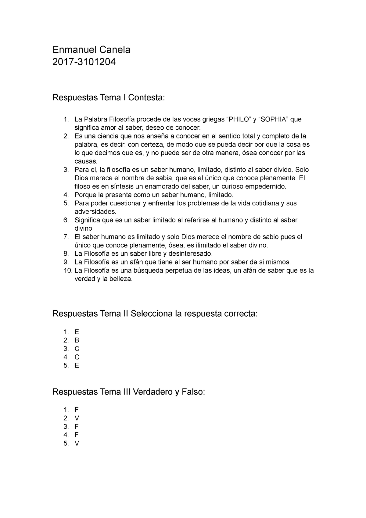 Tarea De Filosofia - N/A - Enmanuel Canela 2017- Respuestas Tema I ...