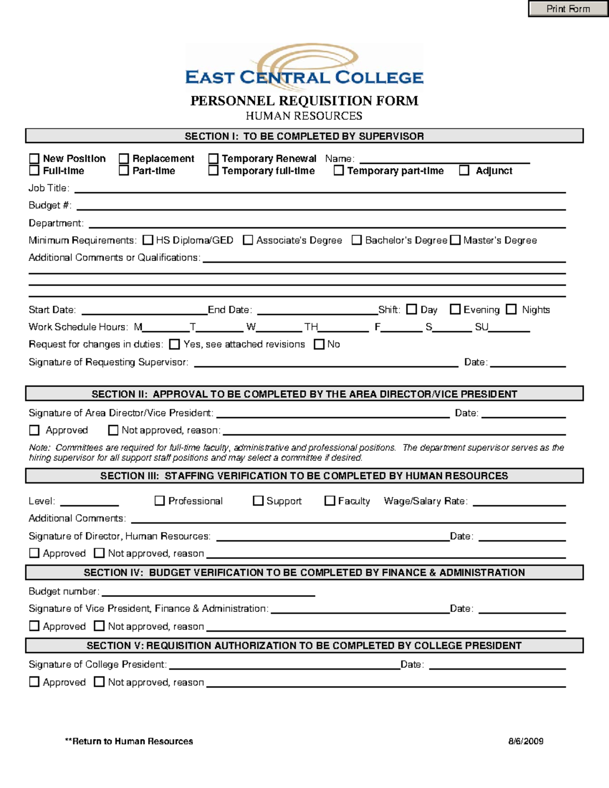 College Personnel Requisition Form Template PERSONNEL REQUISITION