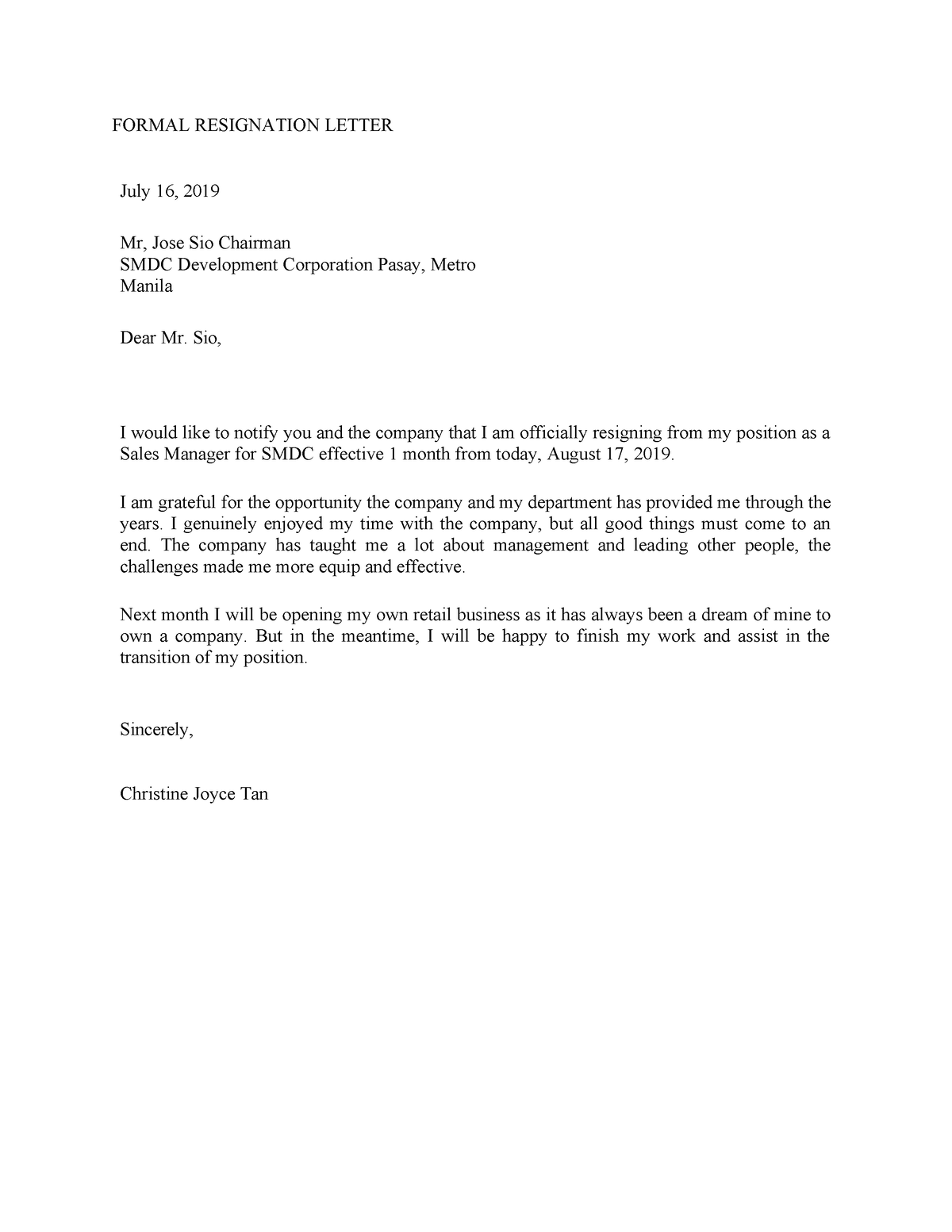 Resignation Letter - FORMAL RESIGNATION LETTER July 16, 2019 Mr, Jose ...