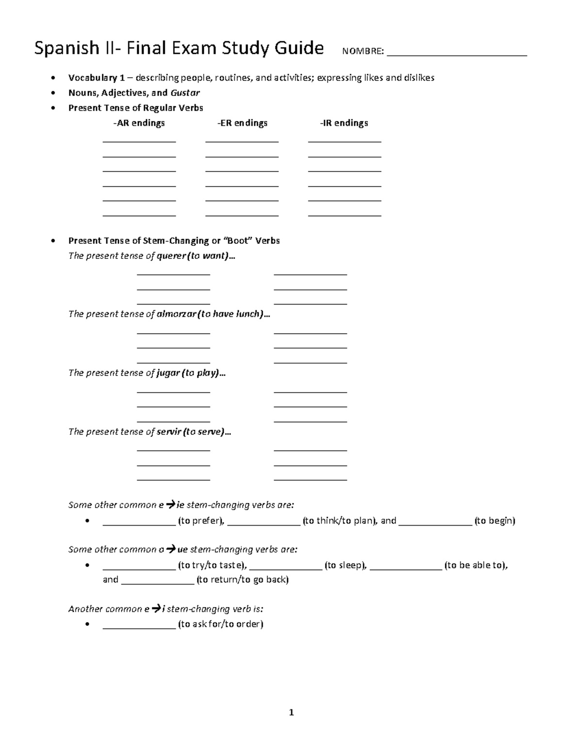 Spanish 2- Final Exam Study Guide