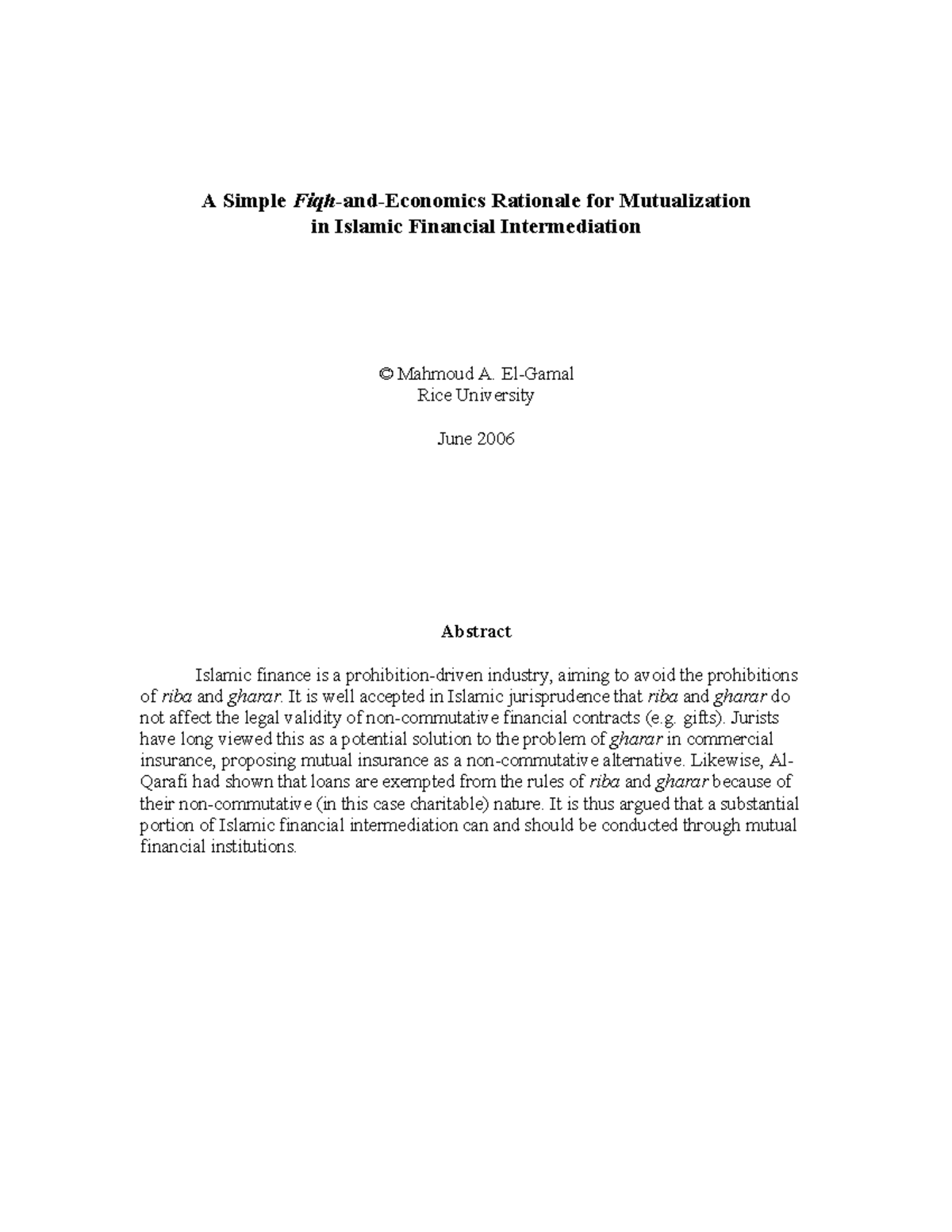 A Simple Fiqh-and-Economics Rationale for Mutualization - Islamic ...