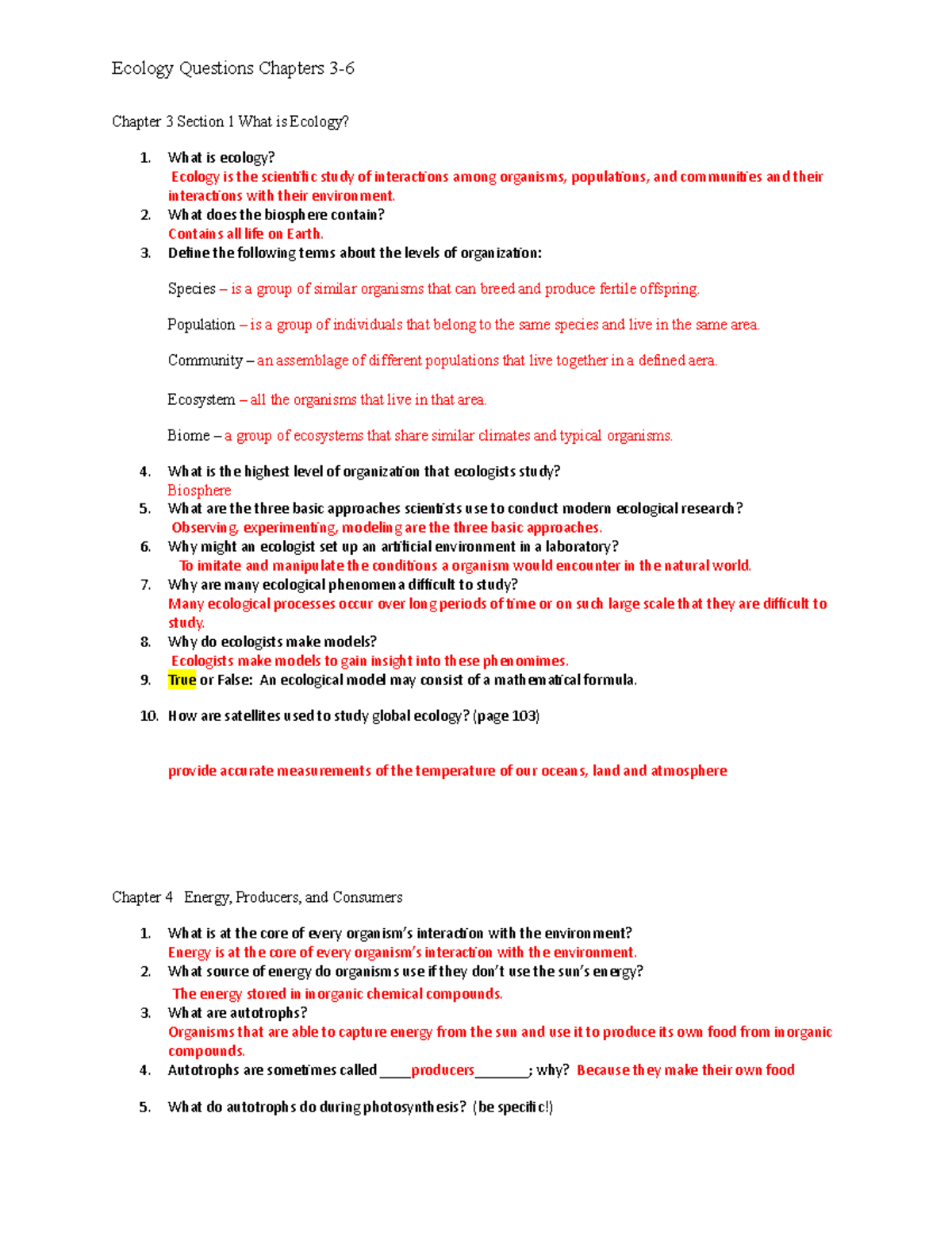 Ecology questions 36 honors Chapter 3 Section 1 What is Ecology