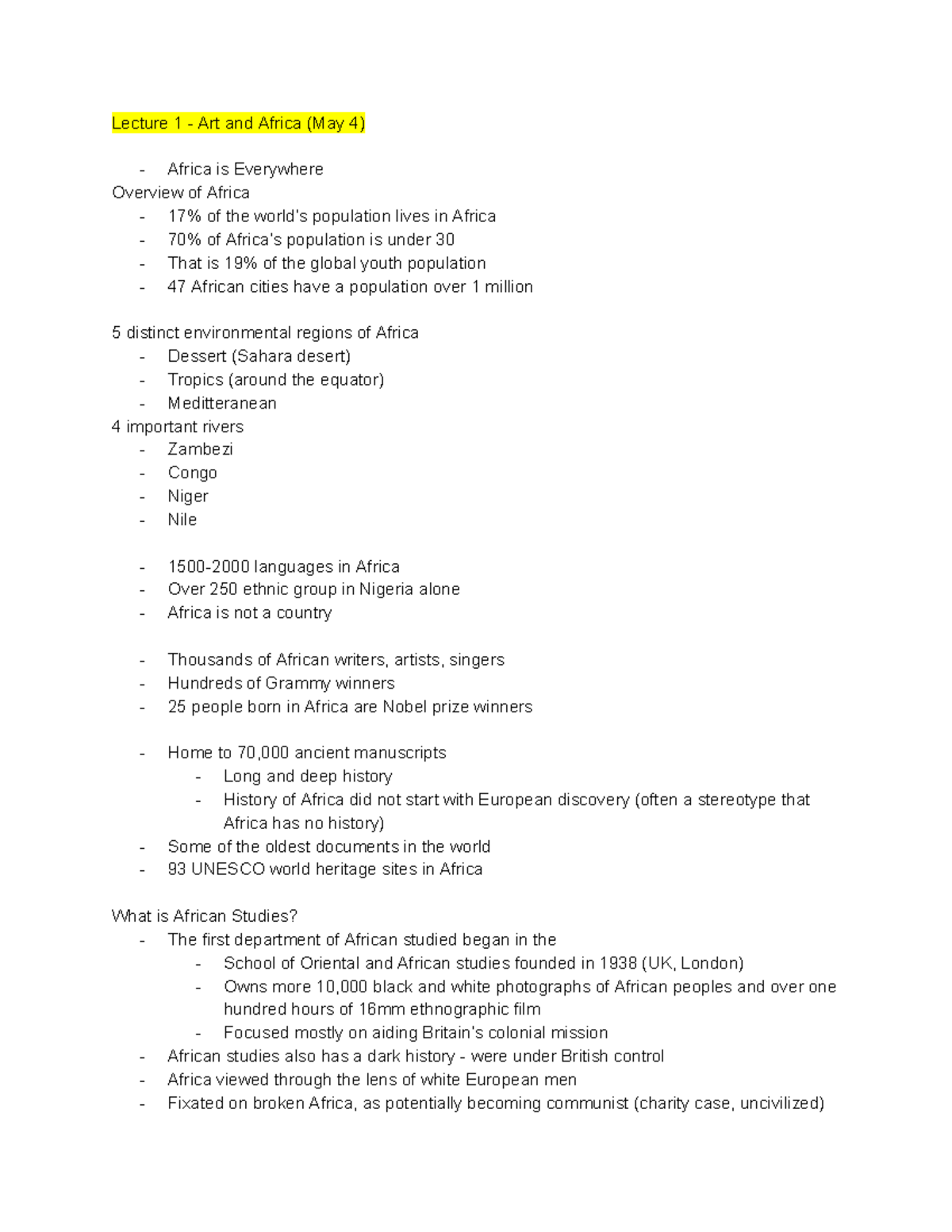 Afri Lecture 1 Lecture 1 Art And Africa May 4 Africa Is