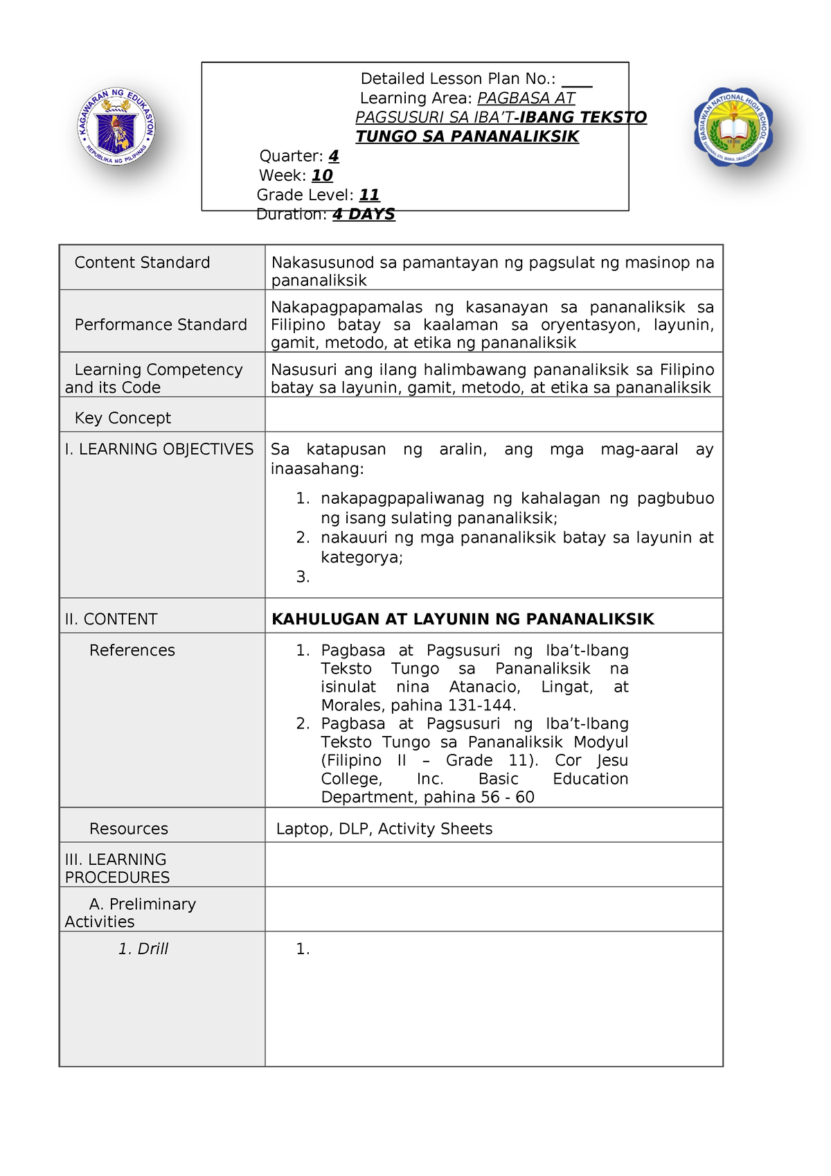 Filipino Lesson Exemplar Detailed Lesson Plan No Learning Area Pagbasa At Pagsusuri Sa 2574