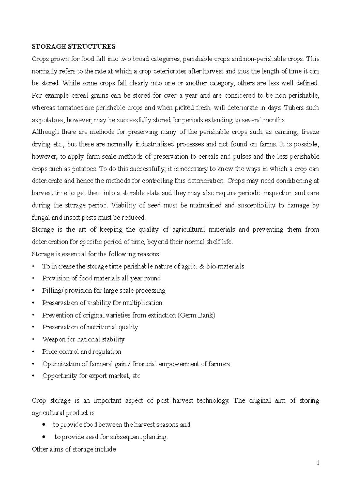 Storage structures - Lecture notes 3 - STORAGE STRUCTURES Crops grown ...