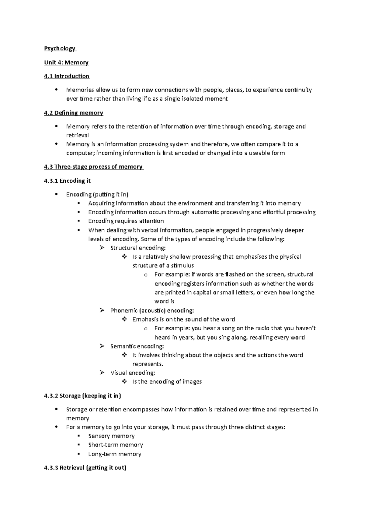 Psychology Unit 4: Memory Summaries And Key Words - PYC1501 - Unisa ...