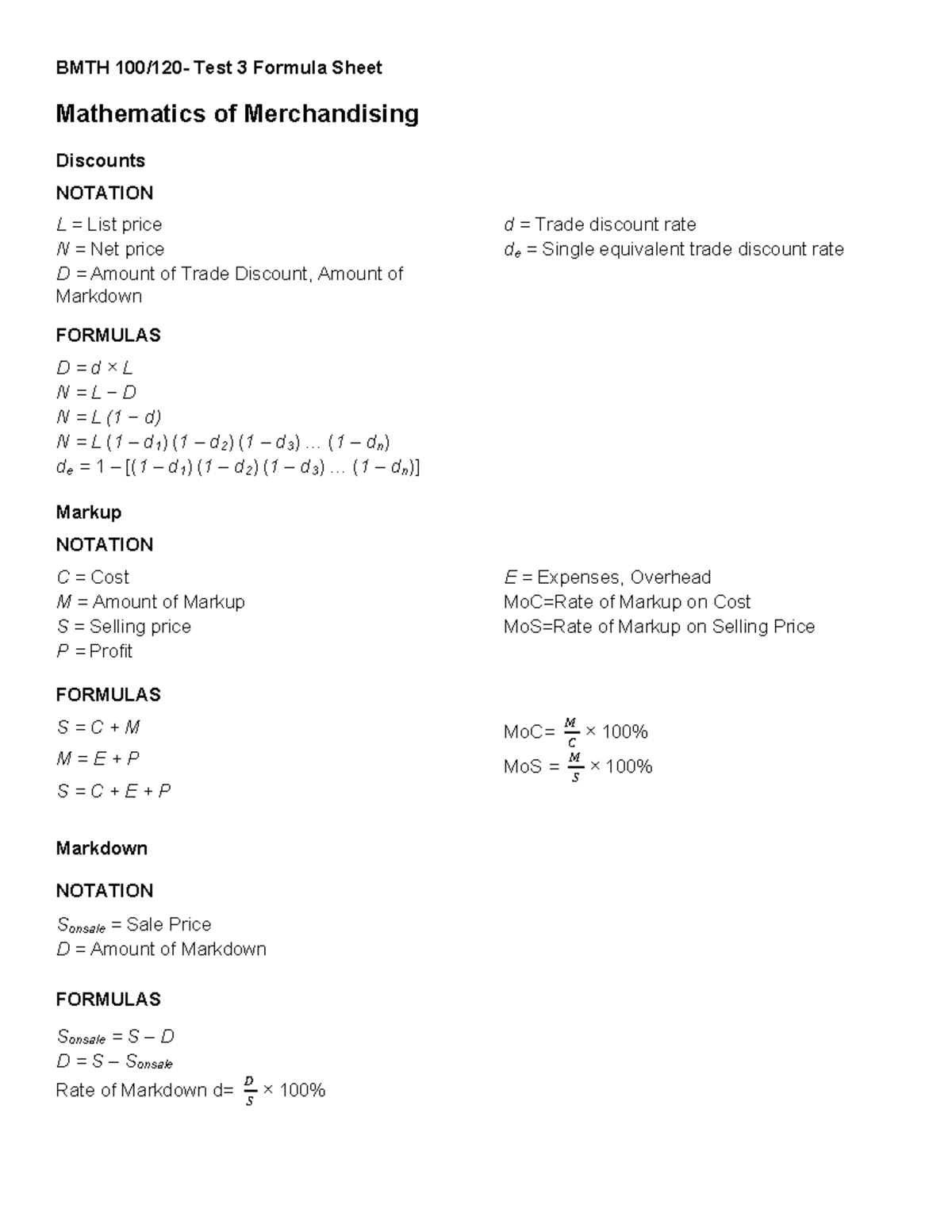 Formula sheet for MKTG 111 Marketing Fundamentals - BMTH 100/ 120 ...
