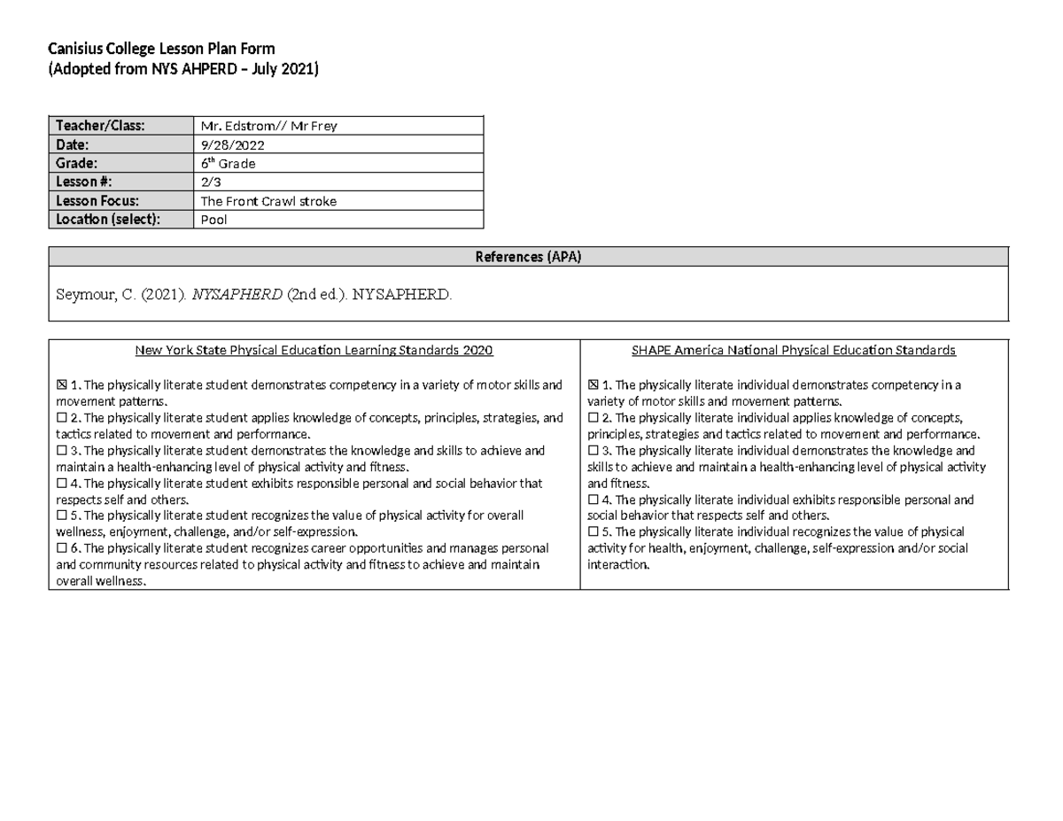 Front Crawl Stroke Lesson Plan - Canisius College Lesson Plan Form ...