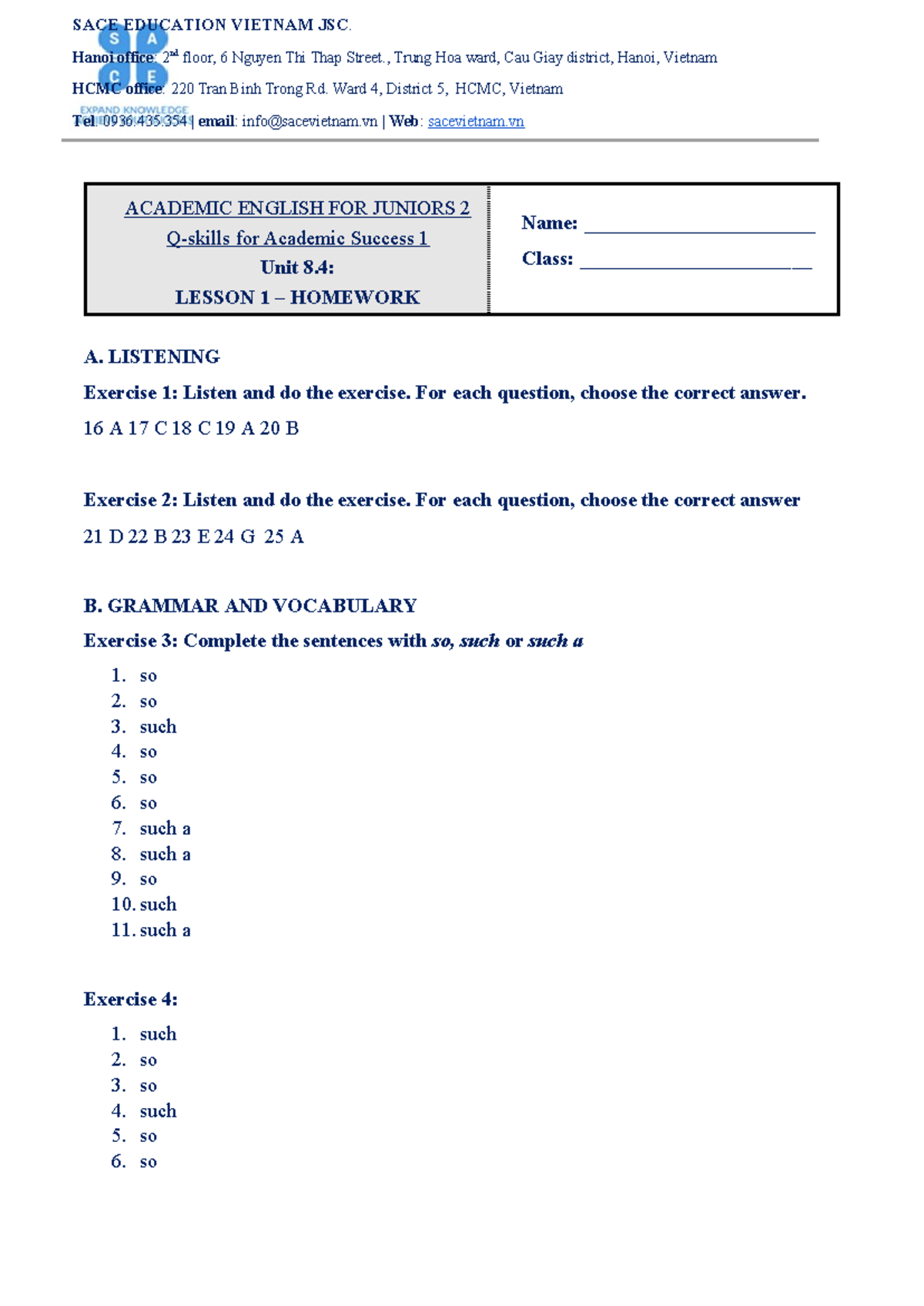 Q1 Unit 8.4 Lesson 1 Homework Keys - SACE EDUCATION VIETNAM JSC. Hanoi ...