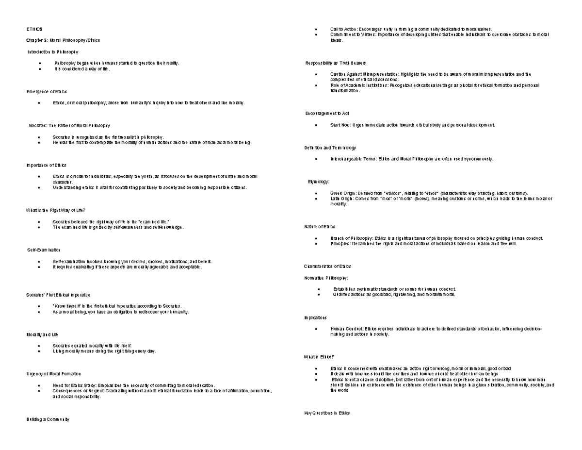 Ethics chapter 2 - notes - ETHICS Chapter 2: Moral Philosophy/Ethics ...