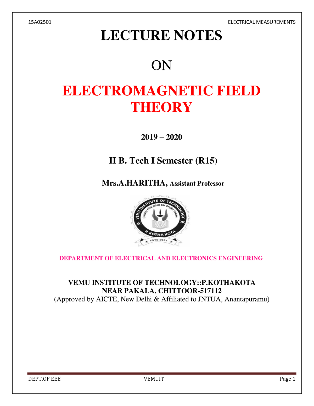 03 01 2020 1040364250 - Gvhjj - LECTURE NOTES ON ELECTROMAGNETIC FIELD ...