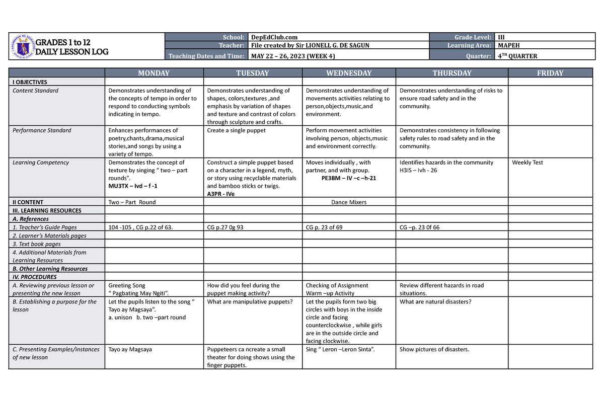 DLL Mapeh 3 Q4 W4 - practice materials - GRADES 1 to 12 DAILY LESSON ...