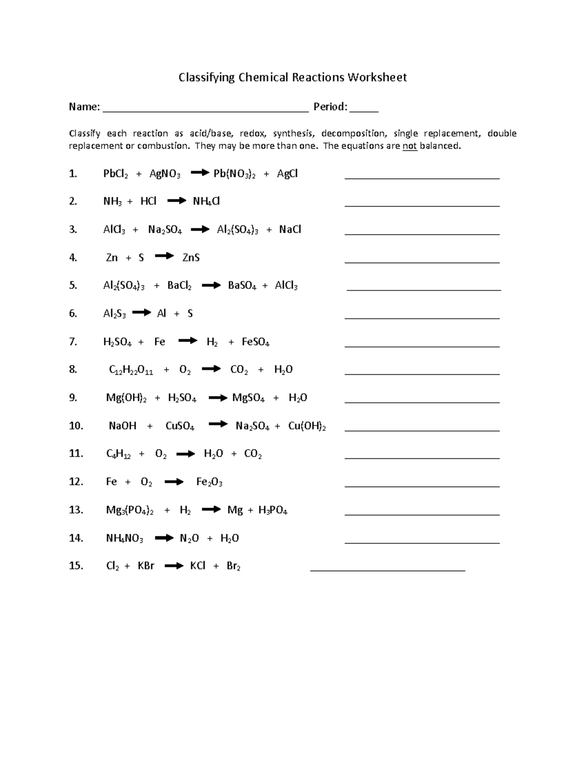 Classifying chemical reactions - They may be more than one. The ...