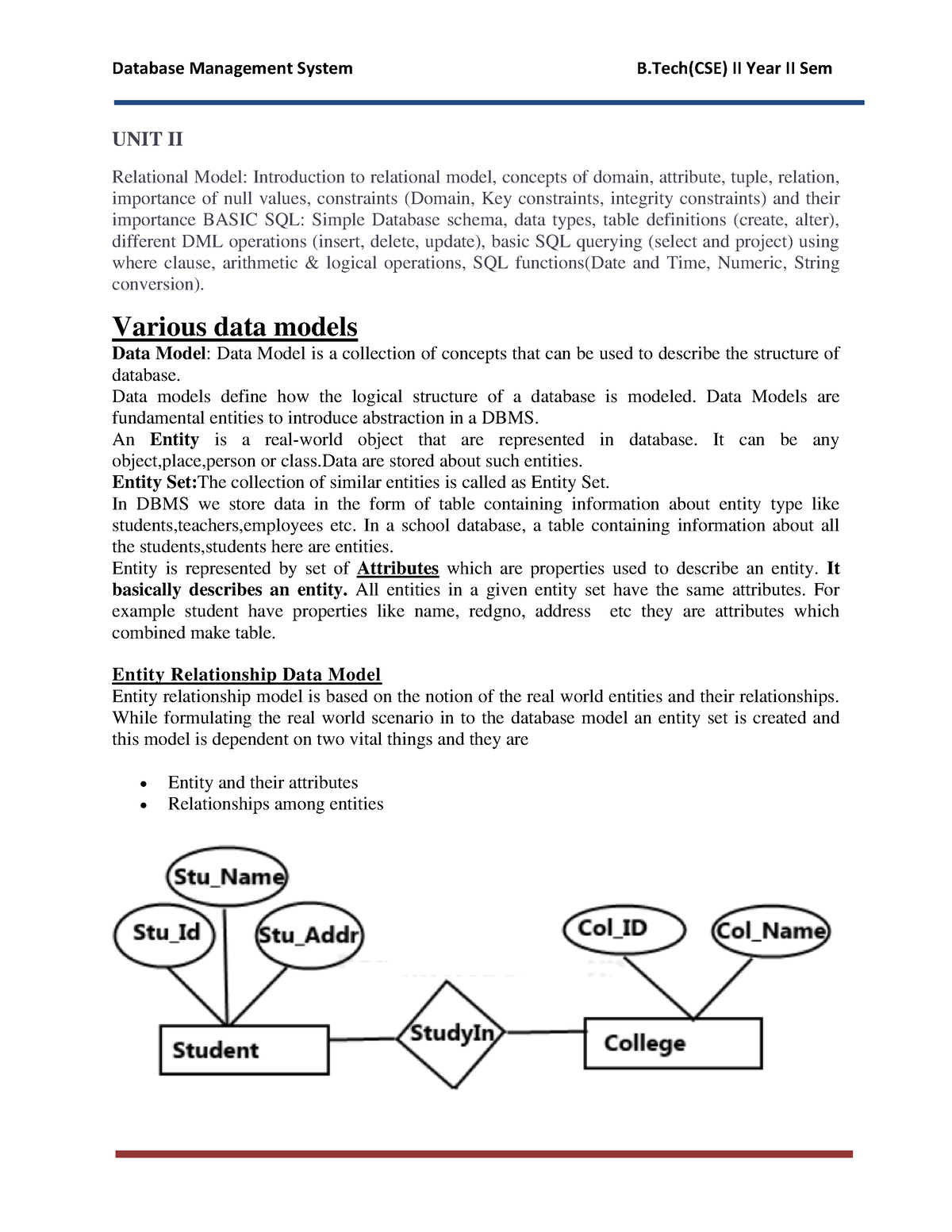 DBMS UNIT 2 - Lecture - Database Management System B(CSE) II Year II ...