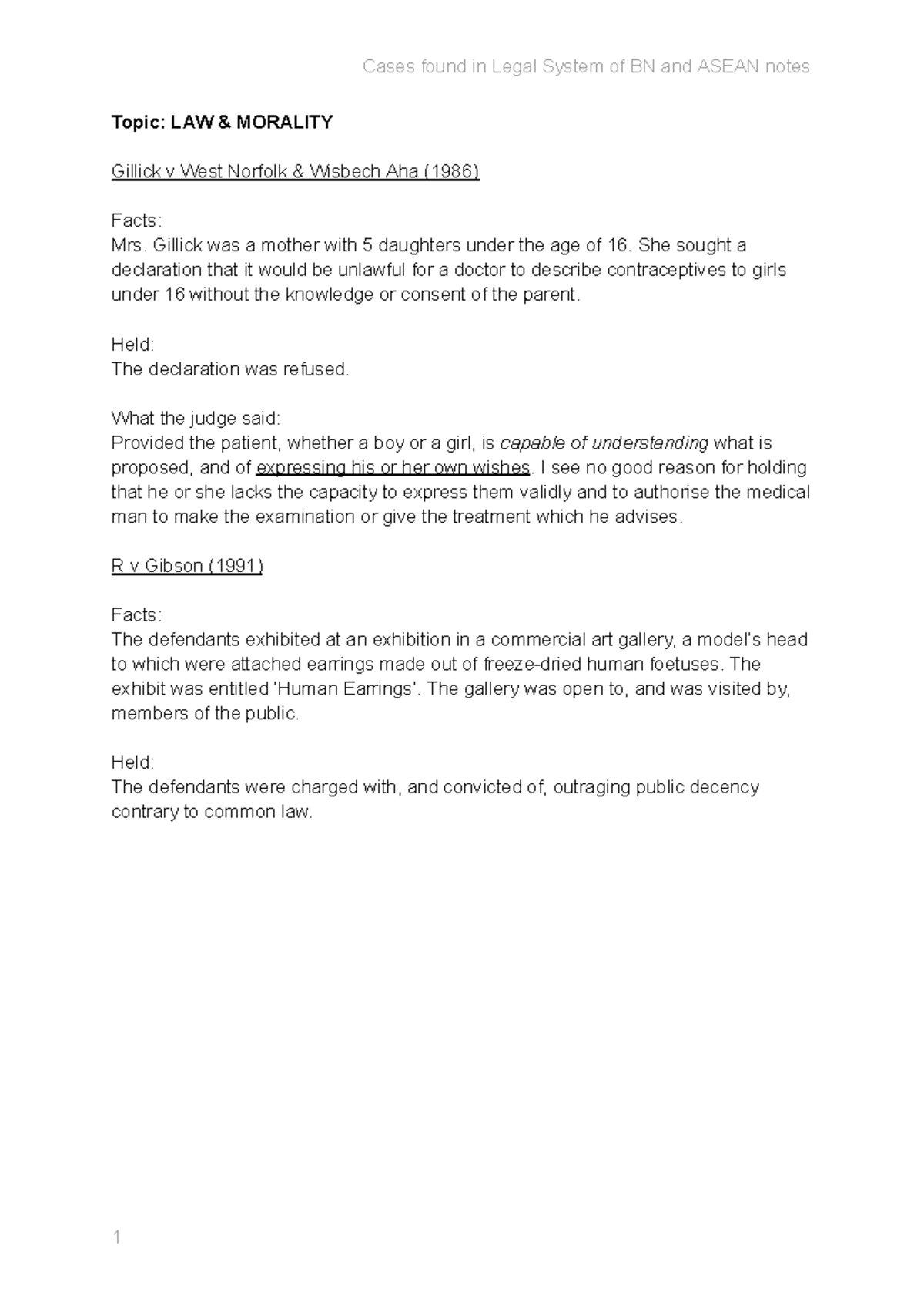 Cases found in SD0306 notes Topic LAW & MORALITY Gillick v West Norfolk & Wisbech Aha Studocu