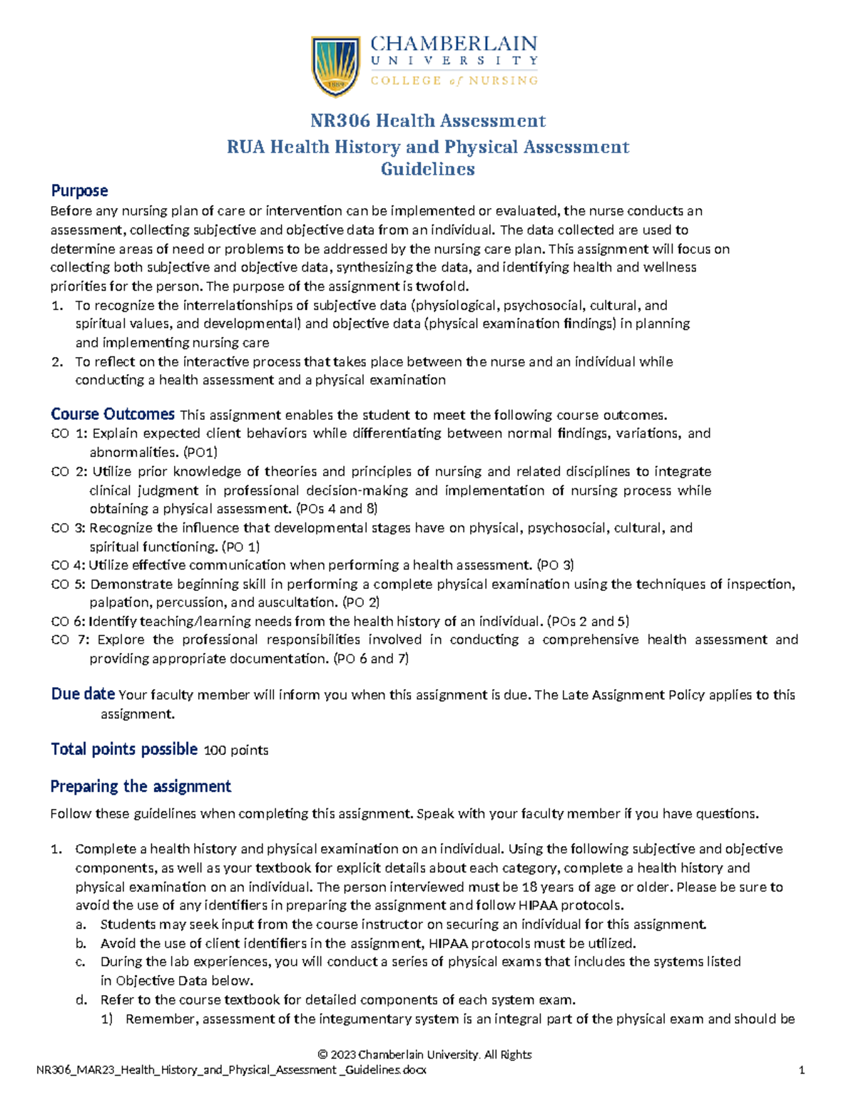 NR306 MAR23 Health History and Physical Assessment Guidelines V9 RUA