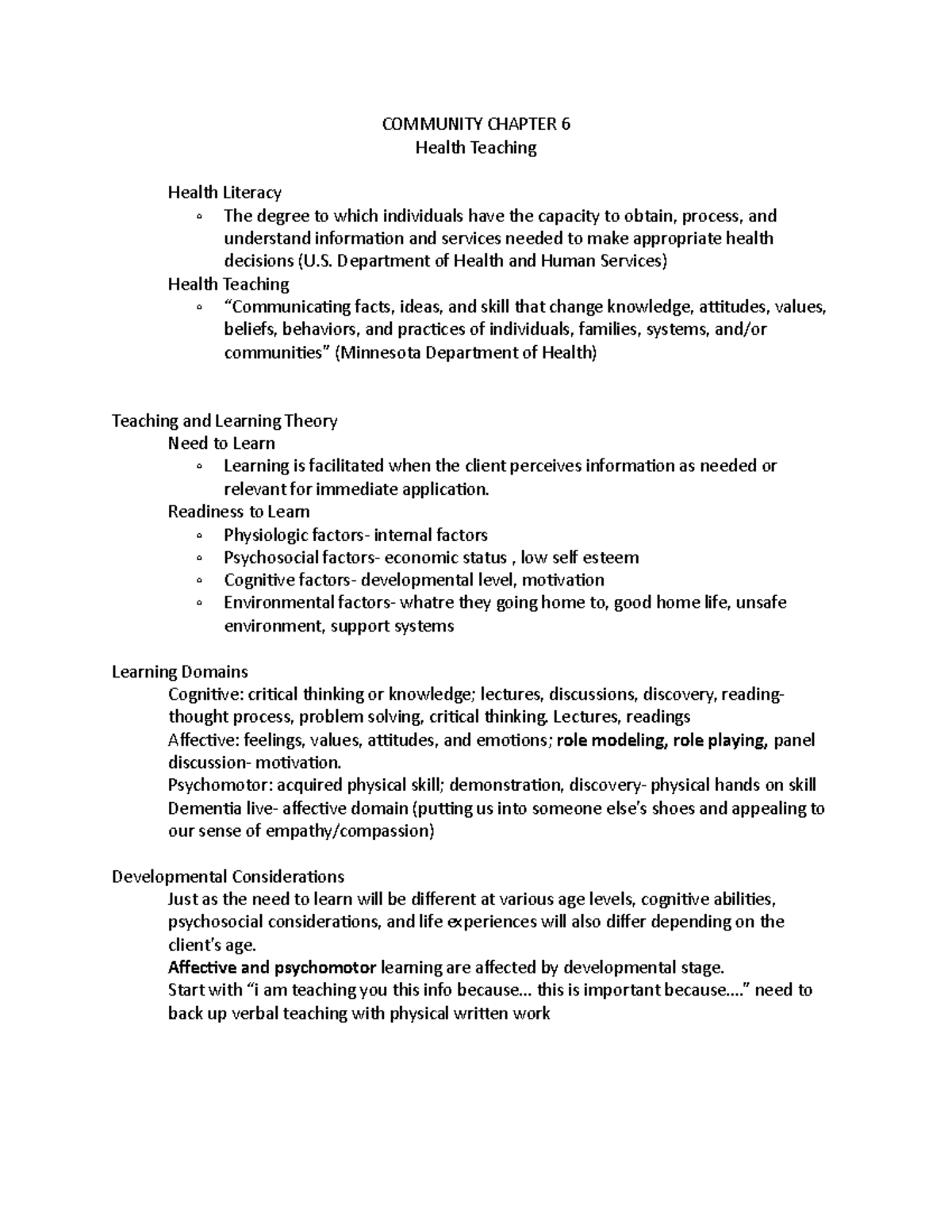 Community Chapter 6 - Dr. Weaver - COMMUNITY CHAPTER 6 Health Teaching ...