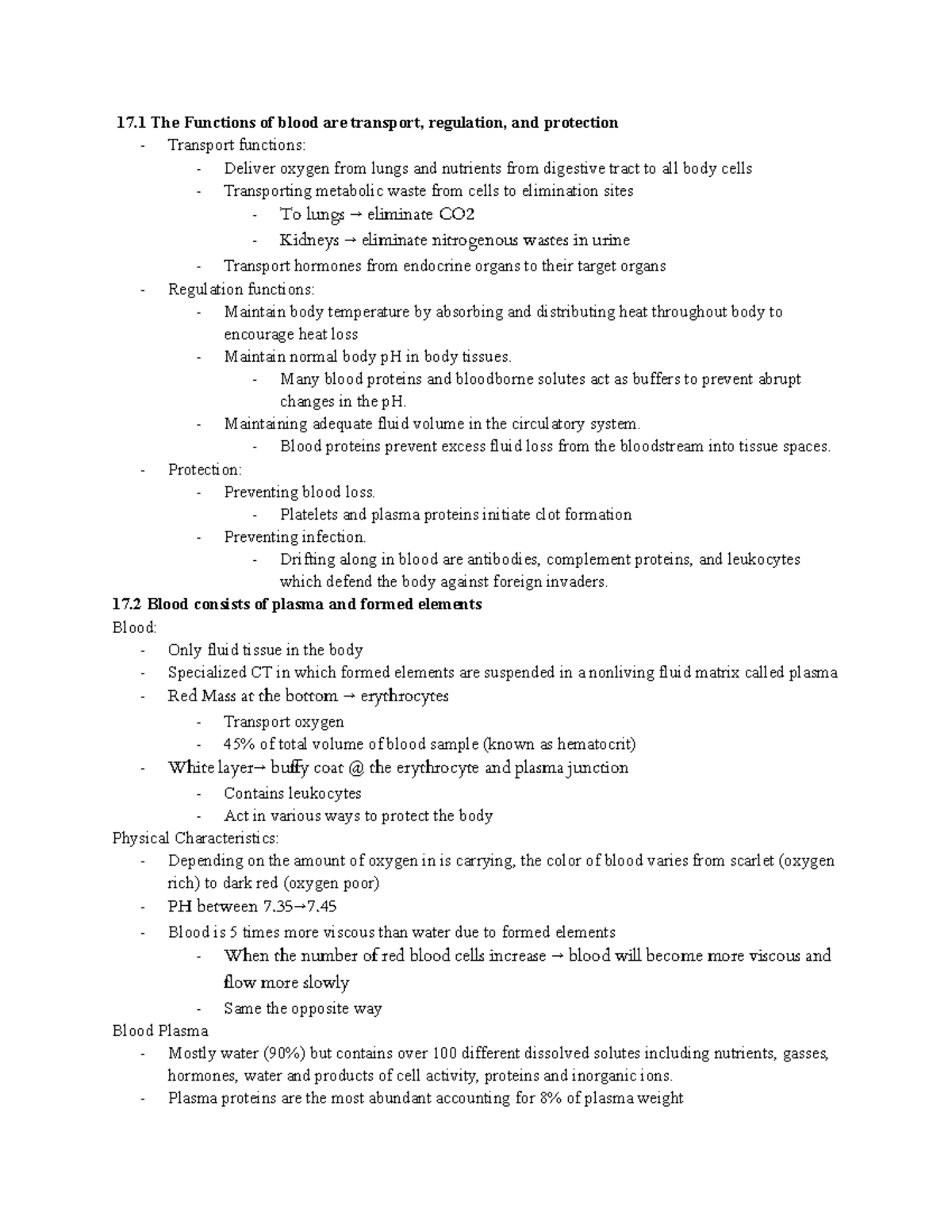 Chapter 17 Blood (Textbook) - 17 The Functions of blood are transport ...