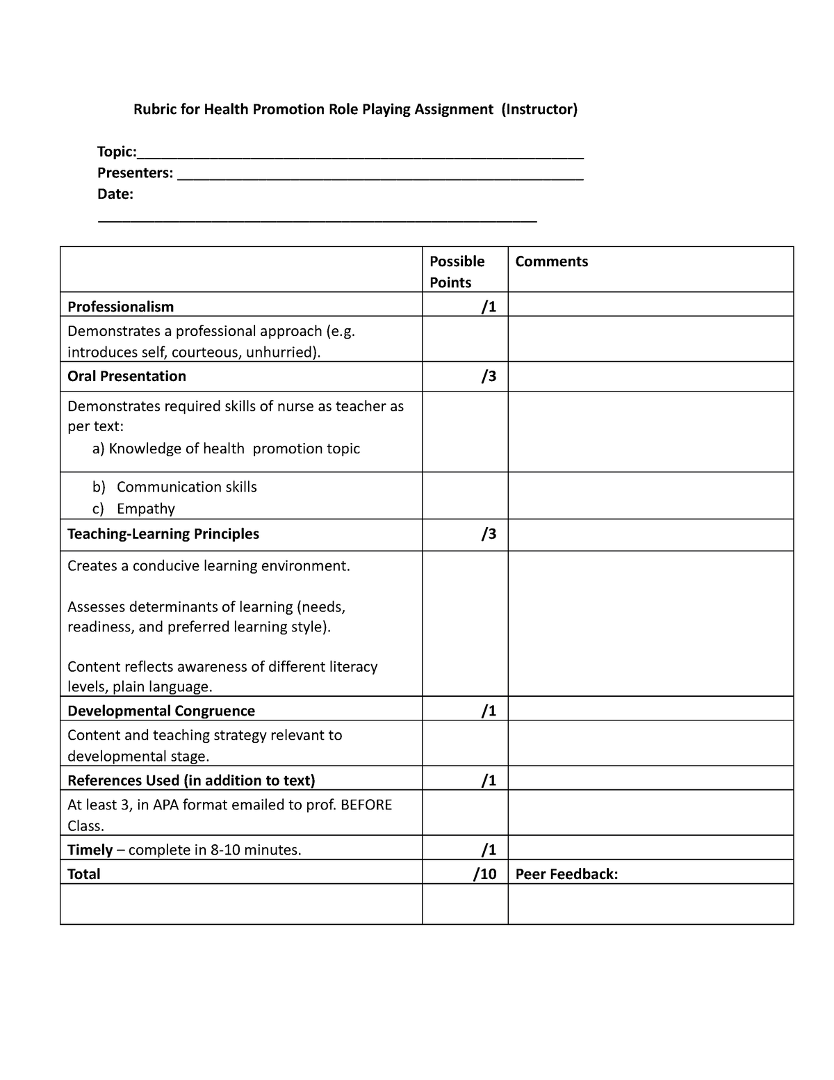 health assignment rubric