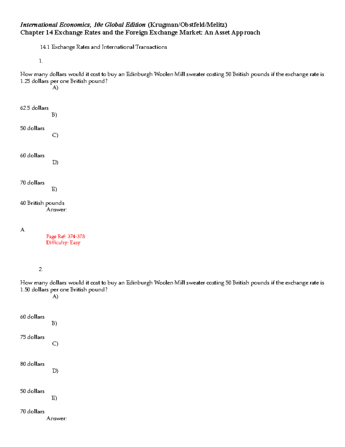 Test Bank 14 Tif - Multiple Choice Questions - International Economics ...