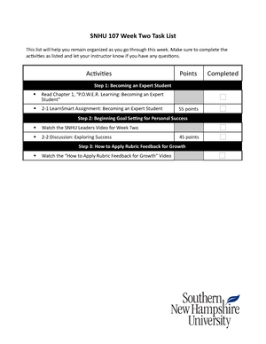 SNHU 107 Transition Checklist - SNHU 107 Academic Transition Checklist ...