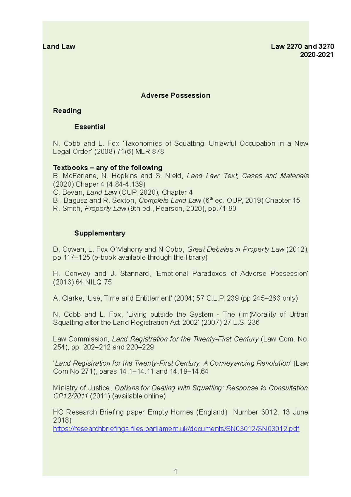 Adverse possession seminar - Land Law Law 2270 and 3270 2020- Adverse ...