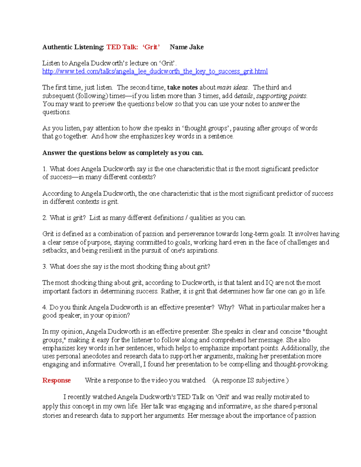 Authentic Listening TED Talk Grit. F21docx Authentic Listening TED