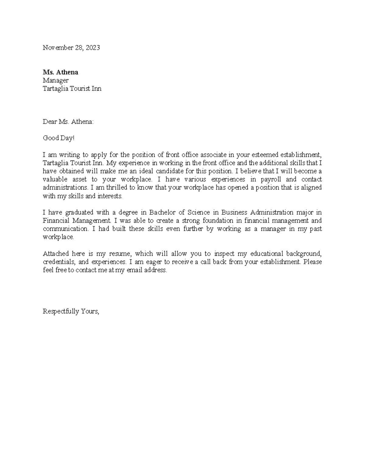 Letter Sample - November 28, 2023 Ms. Athena Manager Tartaglia Tourist ...