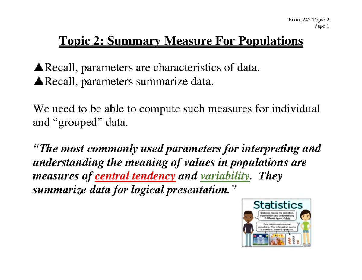 Topic 2 - Summary Measure For Populations - Page 1 Topic 2: Summary ...