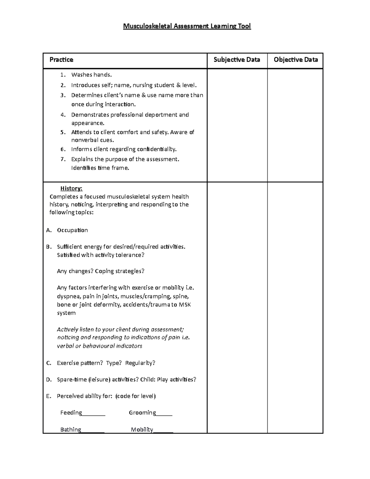 Musculoskeletal Assessment Learning Tool - Practice Subjective Data ...