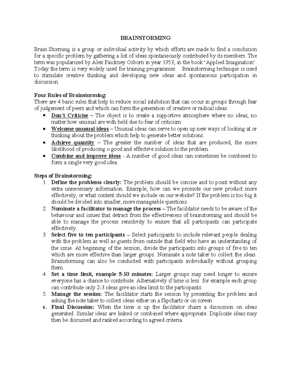 Brain stroming notes - Training and development technique ...