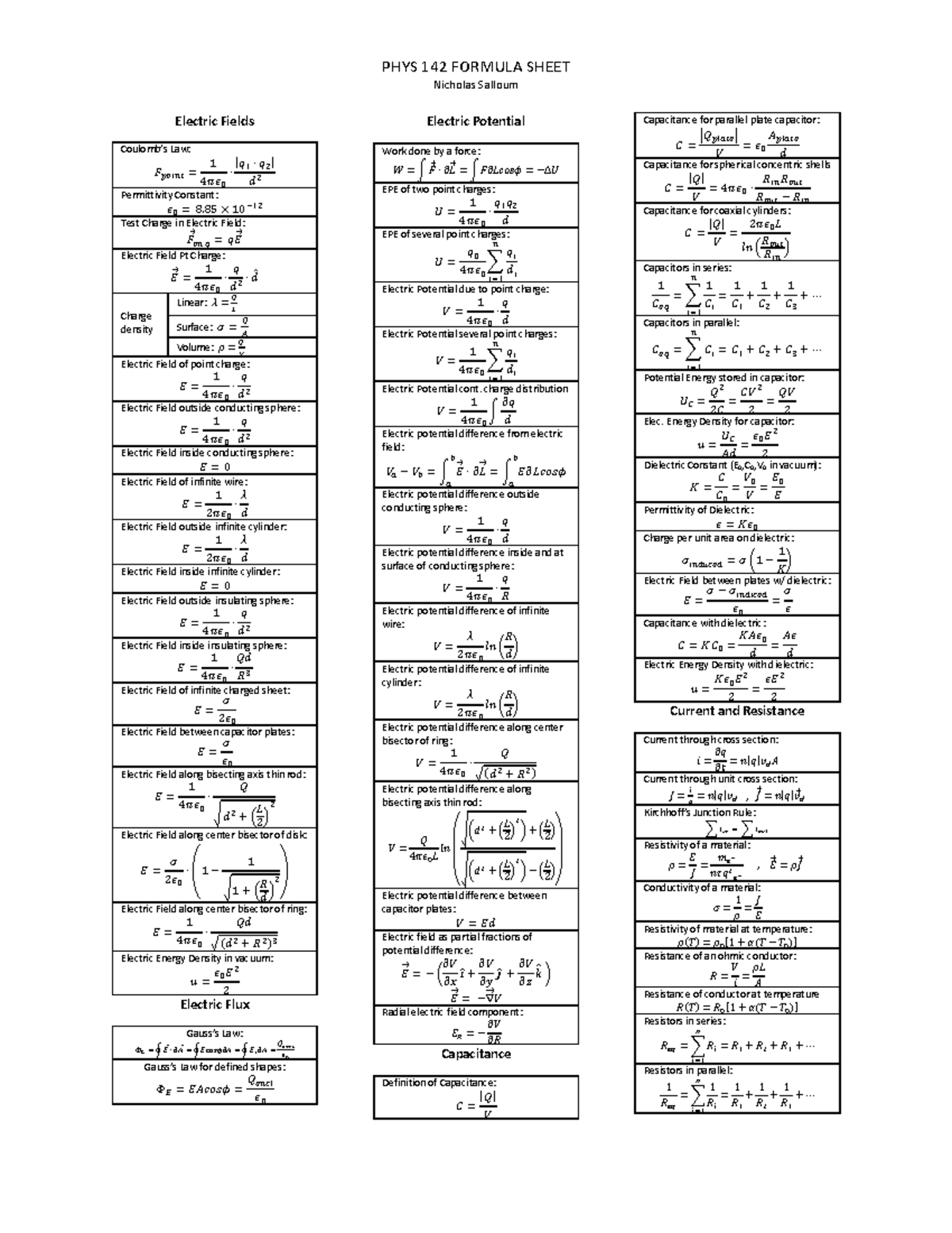 PHYS142 Ultimate Formula Sheet-part-1 - PHYS 142 FORMULA SHEET Nicholas ...