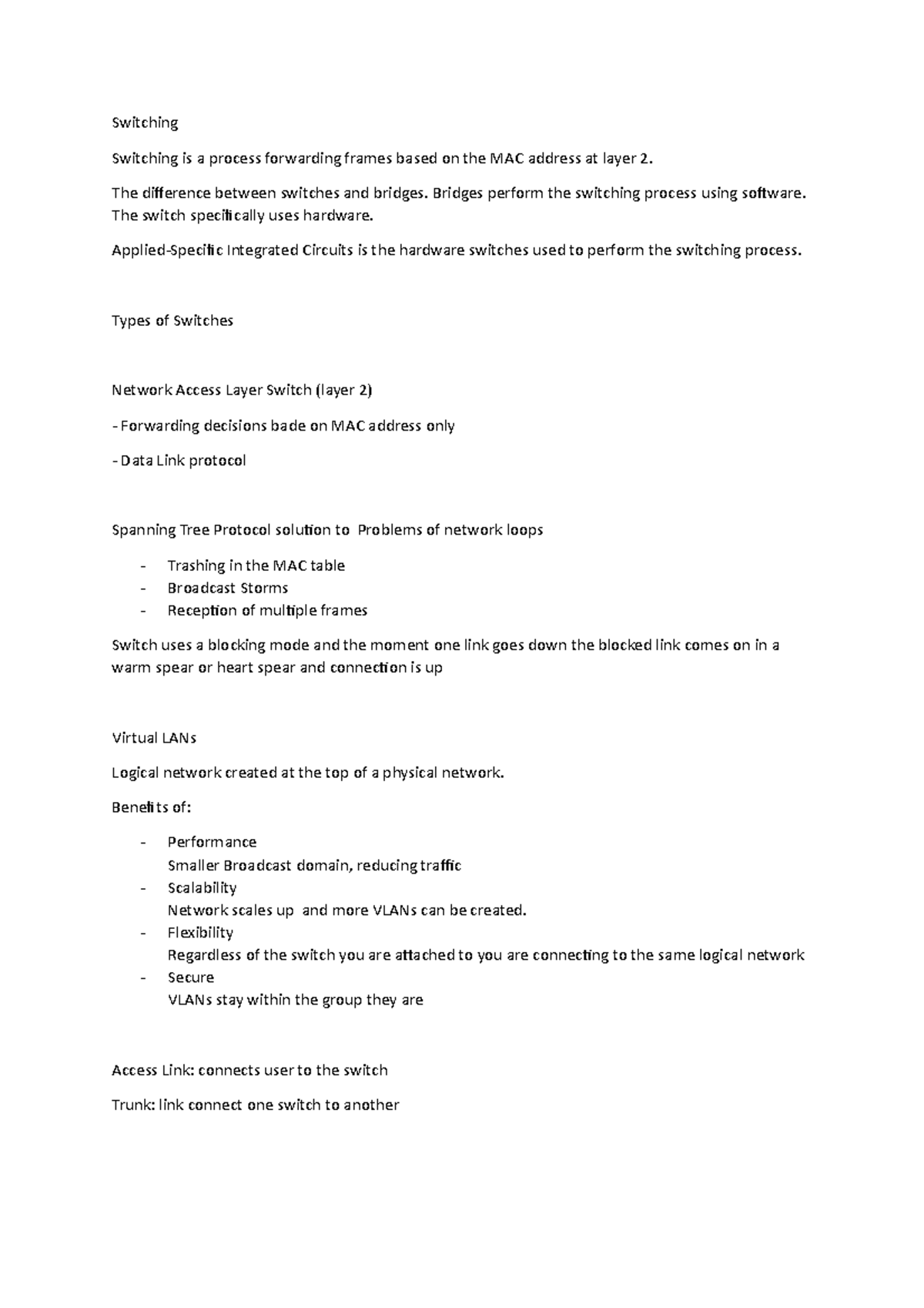 Switching The types of Switches, Network Access Layer, STP