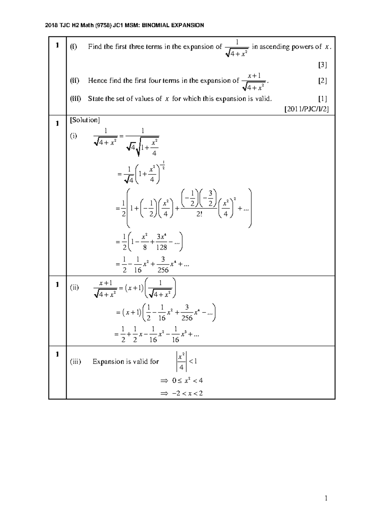 8. 2018 H2 JC1 MSM Binomial Expansion (Solutions) - 1 (i) Find the ...