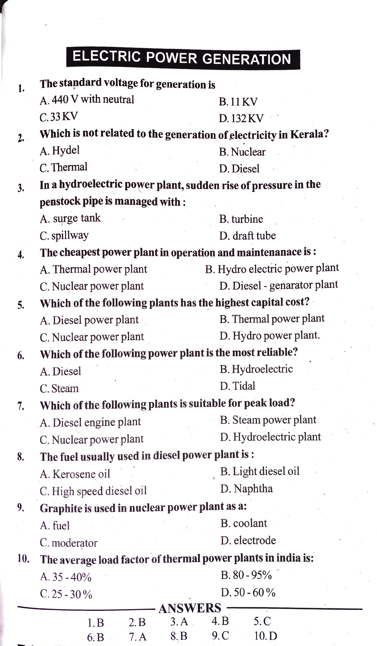 Power System MCQs - MCQ - 10. ELECTRIC POWER GENERATION The Standard ...